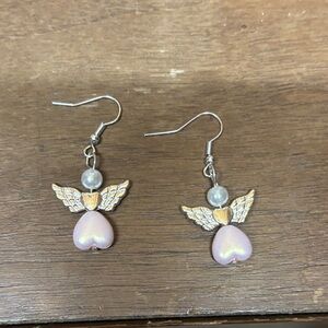 Elegant Pink Heart Angel Wing Earrings